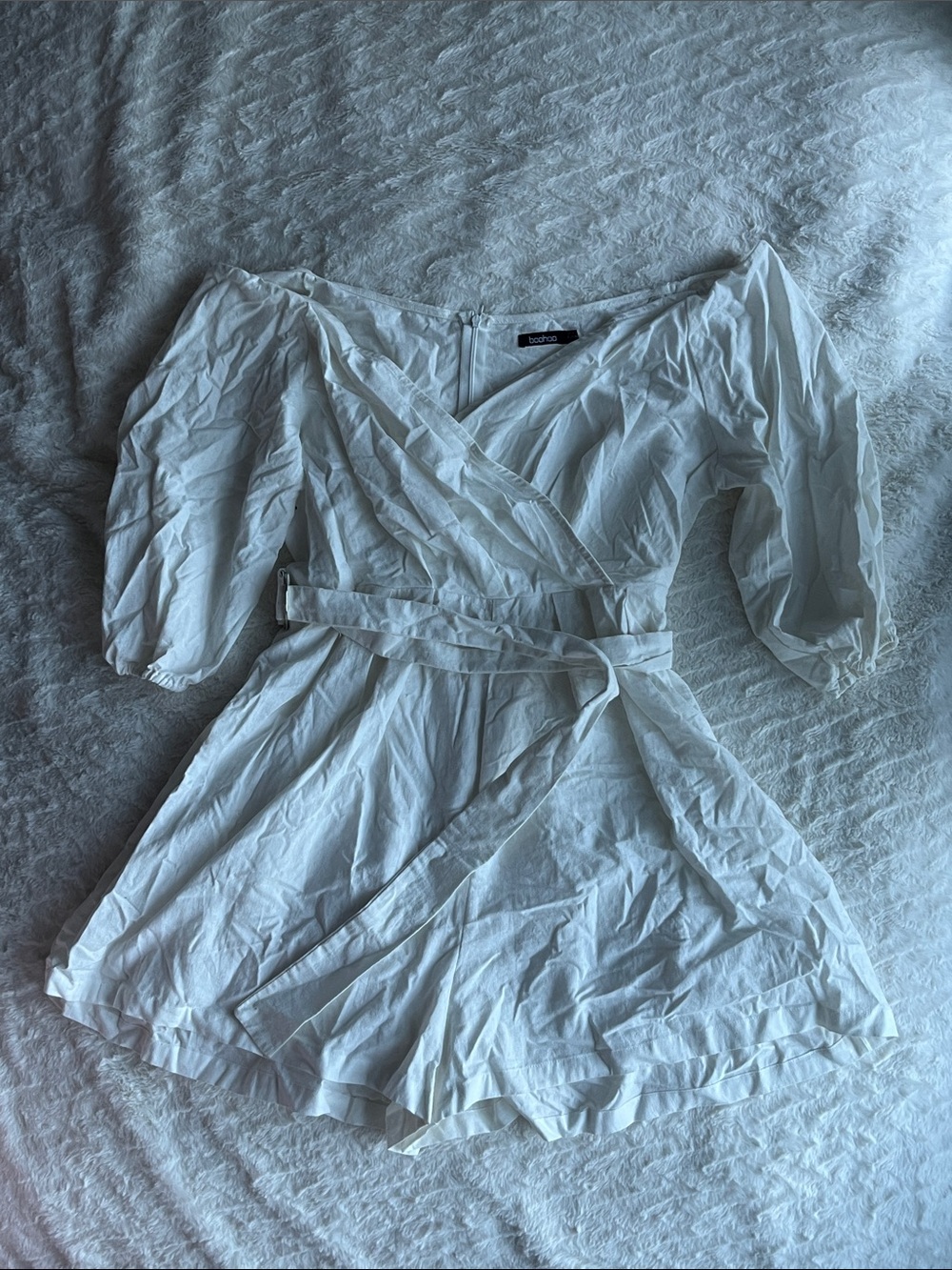 Boohoo White Wrap Romper with Puff Sleeves and Tie Belt